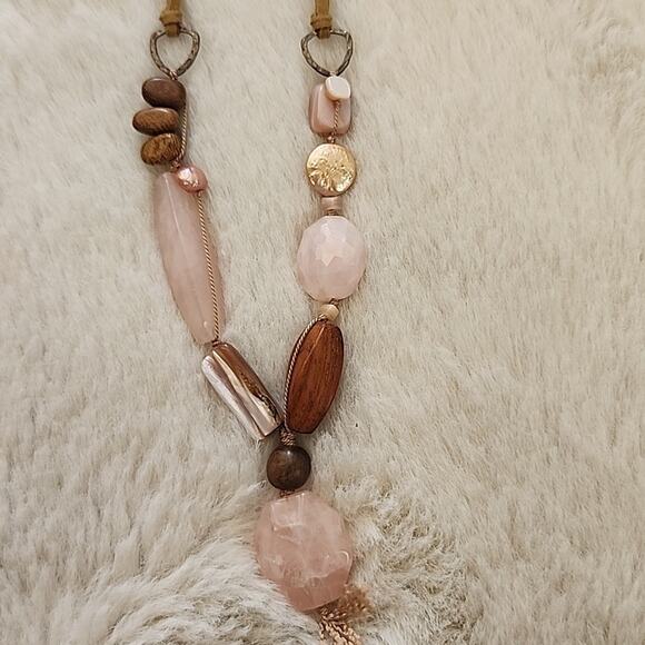 Peyote Bird Free Spirit Rose Quartz Brown Wood Beaded Leather Necklace NEW - Picture 11 of 12